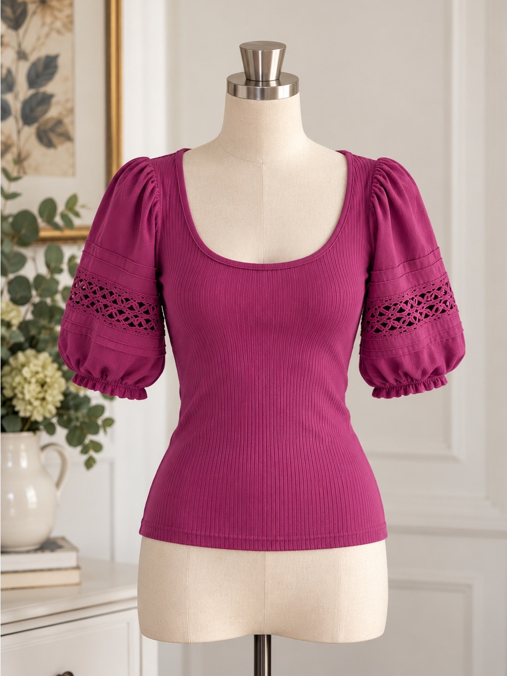 Free People Something Special Tee Magenta Ribbed Puff Sleeve Lace Top S